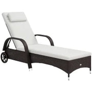Lettino Prendisole da Giardino con Ruote, Sedia a Sdraio per Spiaggia con Altezza Regolabile in Rattan, Marrone e Crema, 200x73x103cm