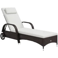 Lettino Prendisole da Giardino con Ruote, Sedia a Sdraio per Spiaggia con Altezza Regolabile in Rattan, Marrone e Crema, 200x73x103cm