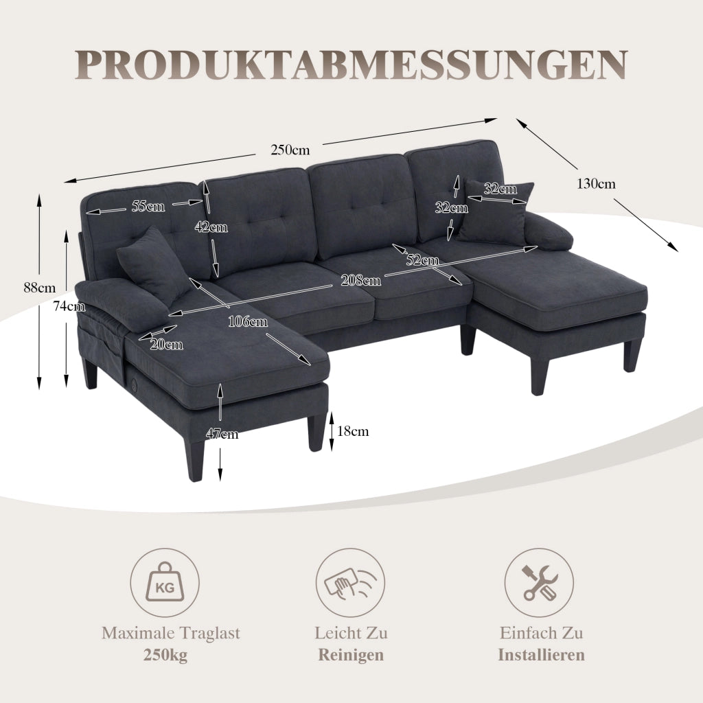 Divano a U a 4 posti in tessuto di lino con tasche laterali, porte USB tipo C e due chaise longue, grigio scuro