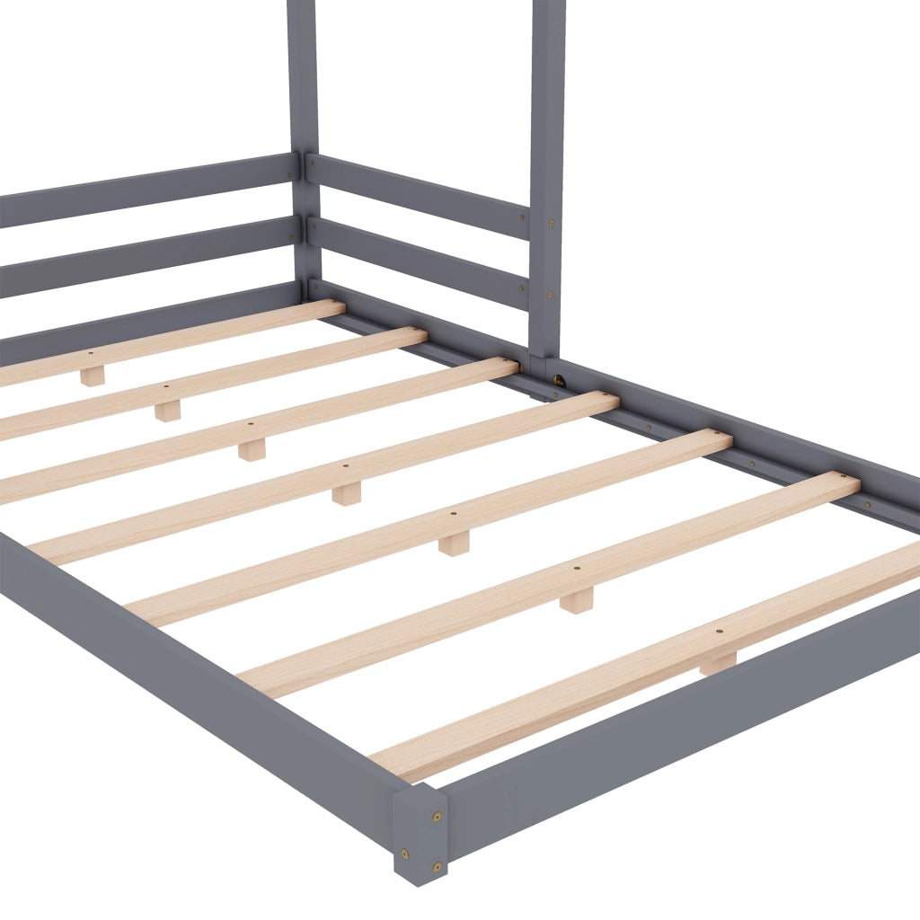 OKWISH Letto a Casetta 140×200 cm, Letto Matrimoniale con Rete a Doghe, senza Materasso, in Pino e MDF, Grigio