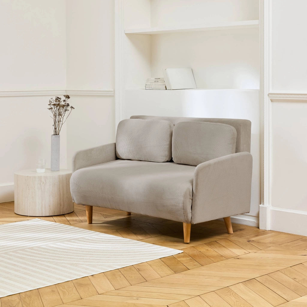 Divano letto in velluto a coste con gambe in legno, 2 posti, beige