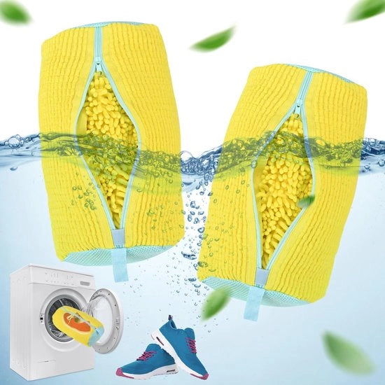 Set di due sacchetti per lavatrice per pulire le scarpe, con 360° di tessuto in velluto, per la pulizia delle scarpe da lavatrice, riutilizzabile (giallo)