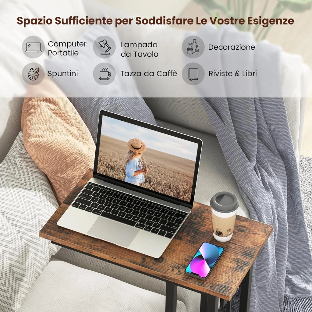 Tavolino Laterale a Forma di C, Tavolino per Divano a Struttura Metallica Pesante con Piedini Regolabili, Tavolino da Salotto, Ufficio e Studio per Spazi Ridotti