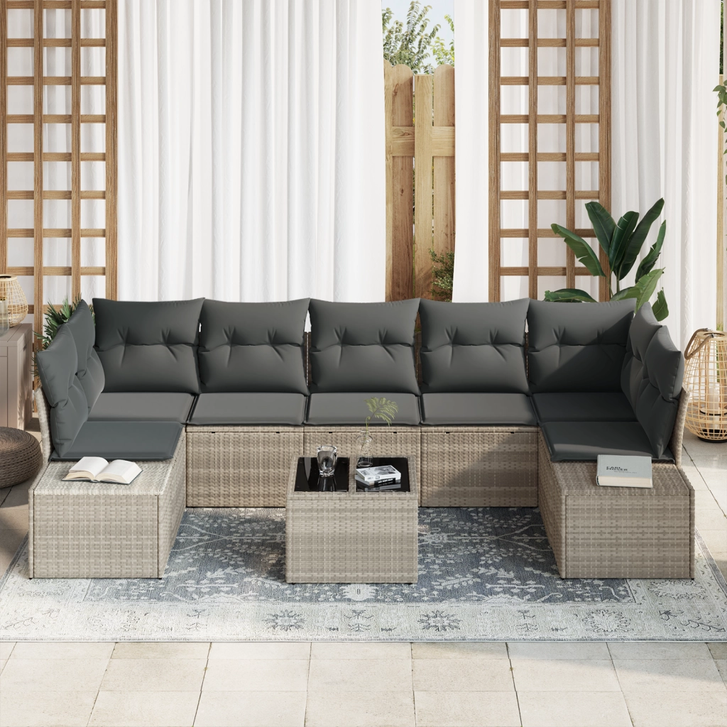Set di divani da giardino 8 pezzi con cuscini grigio chiaro in polirattan