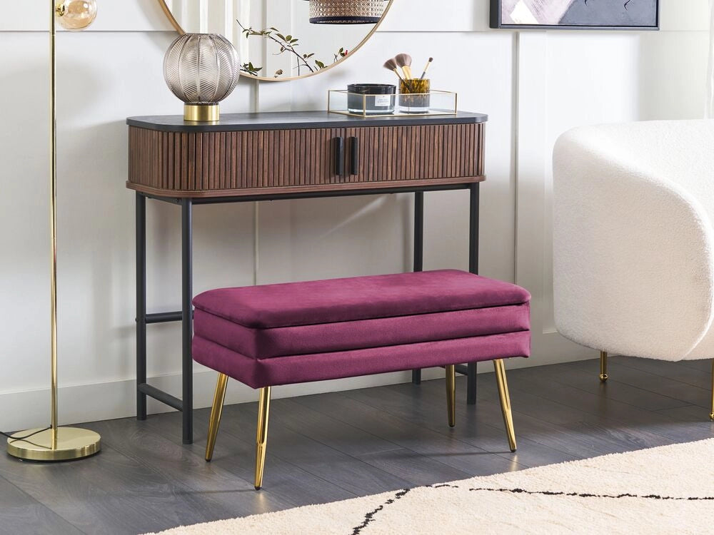 Panca portaoggetti per camera da letto velluto di poliestere rosso borgogna e gambe dorate design glam mobili da soggiorno a tinta unita