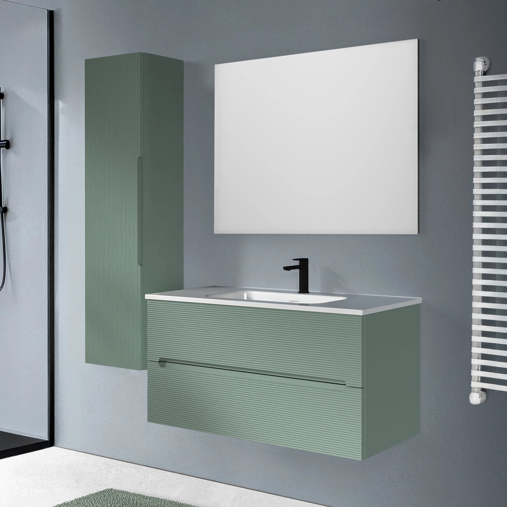 Mobile bagno sospeso 100 verde cannettato 2 cassetti lavabo e specchio Rigo