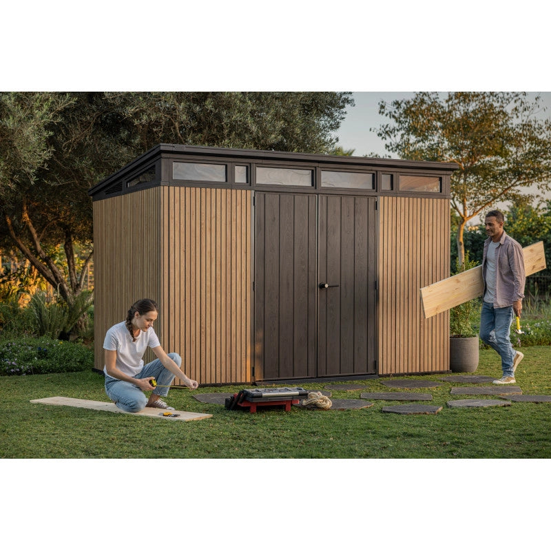 Casetta da giardino in resina effetto legno EVOTECH+ 342x218 cm - pavimento e doppia porta - carico neve 150 kg/m² – Pent 11x7 Signature Venetian - Keter