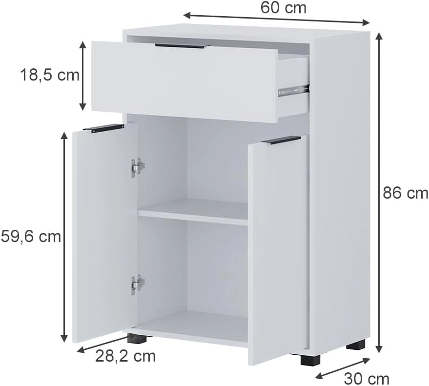 cassettiera da bagno Alina, Bianco, 60 x 86 cm con 3 scomparti, per la conservazione in bagno e combinabile con mobili