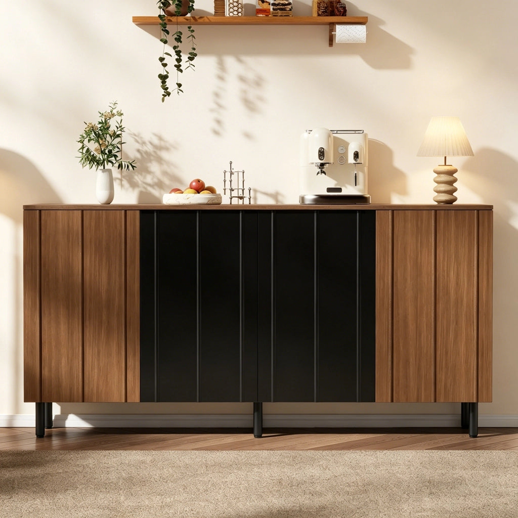 Buffet 160 ¡Á 35 ¡Á 80 cm in truciolare, finitura noce e nero, con 4 ante, ripiani regolabili e portata max 80 kg