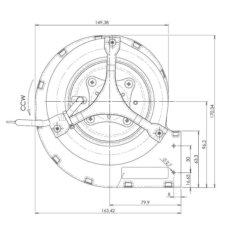 Ventilatore centrifugo Trial CAD12R-001 per stufe a Pellet. Lungo 164 mm Bocchetta: 146x63 mm