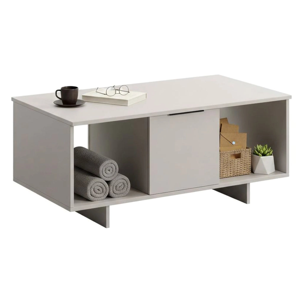 Tavolino da salotto Rho, Con ante e vani contenitore, Rialzato da terra, 100x55 h55 cm, Beige