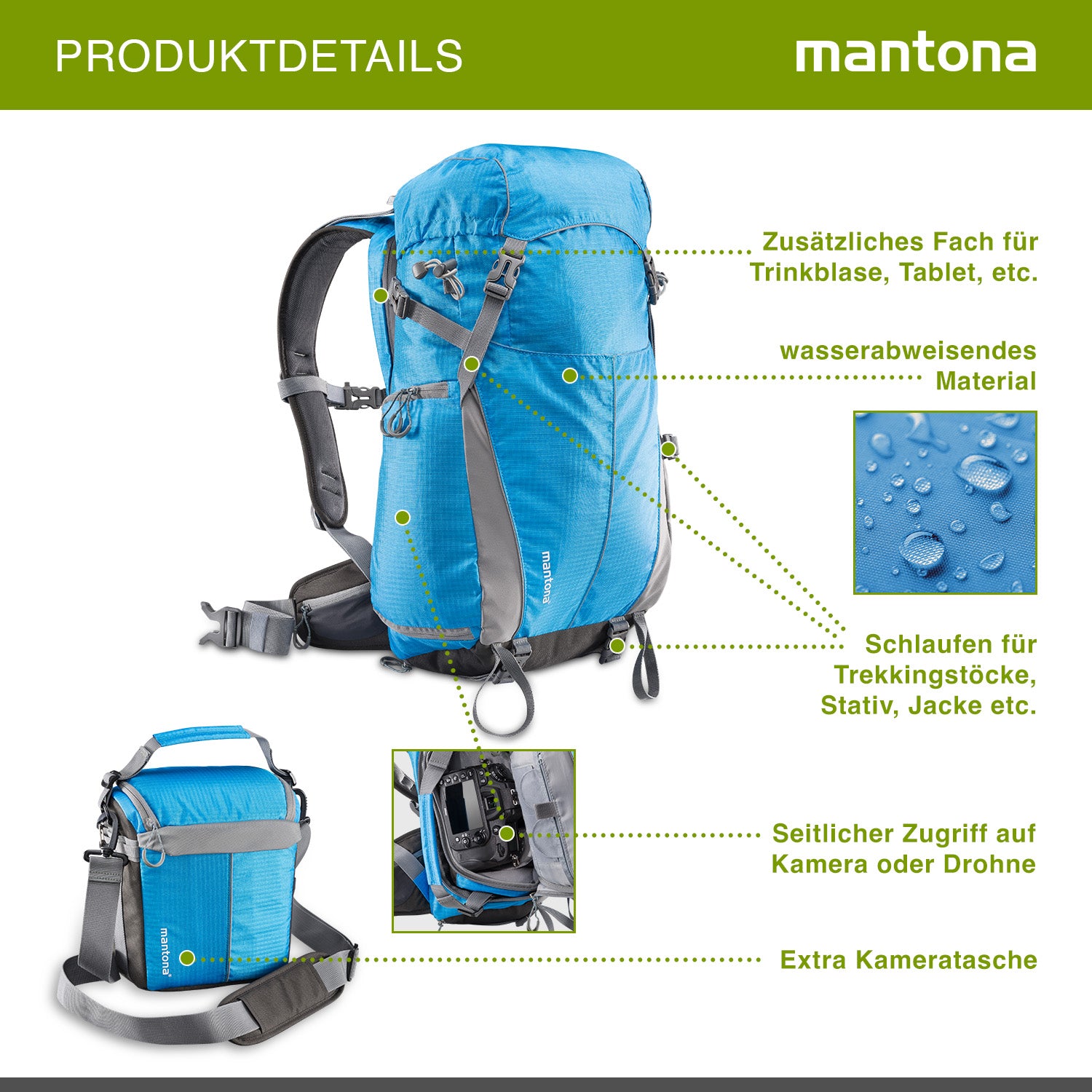 Mantona Elements Outdoor Zaino blu 2in1 per fotocamera e trekking, borsa fotografica con scomparti imbottiti per DSLR, drone, con supporto treppiede e copertura antipioggia