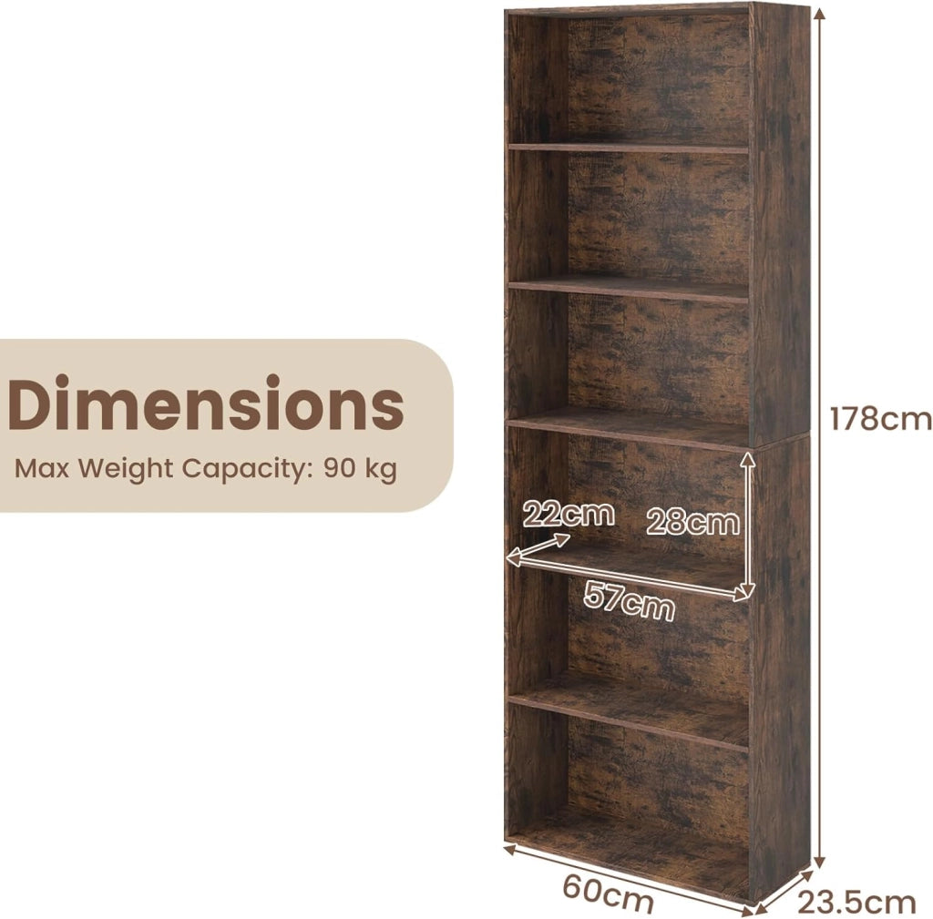 Libreria Scaffale a 6 Ripiani, Libreria Verticale con 2 Kit Antiribaltamento, Mobile Soggiorno in Legno, con Cuscinetti Antiscivolo, per Studio, Camera da Letto, 60 x 23,5 x 178 cm (Marrone)
