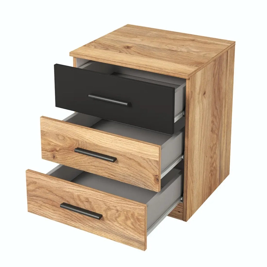 Comodino tre cassetti, collezione EOS. Colori rovere chiaro e nero.