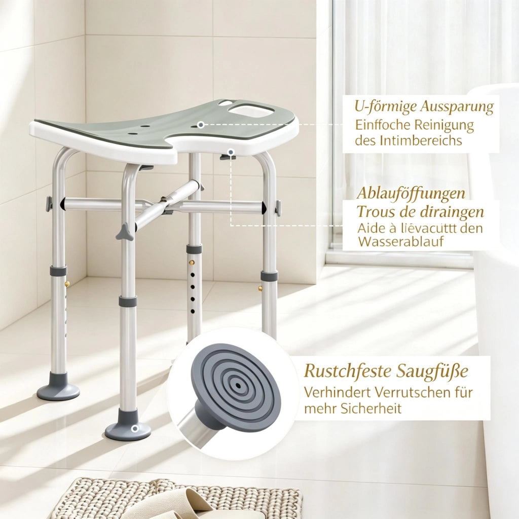 Sgabello doccia regolabile in altezza 39–51,5 cm con ventose e maniglia, grigio