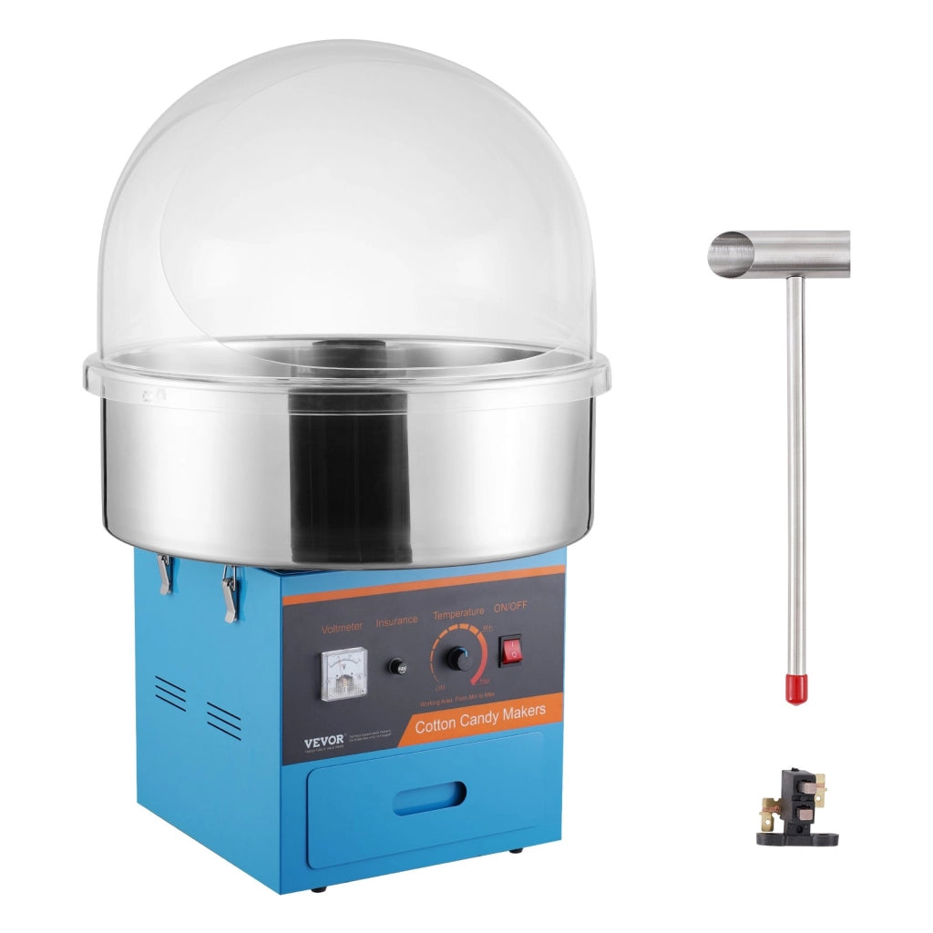 Macchina per Zucchero Filato Elettrica 1000W con Coperchio e Ciotola Acciaio Inox Blu per Feste e Casa