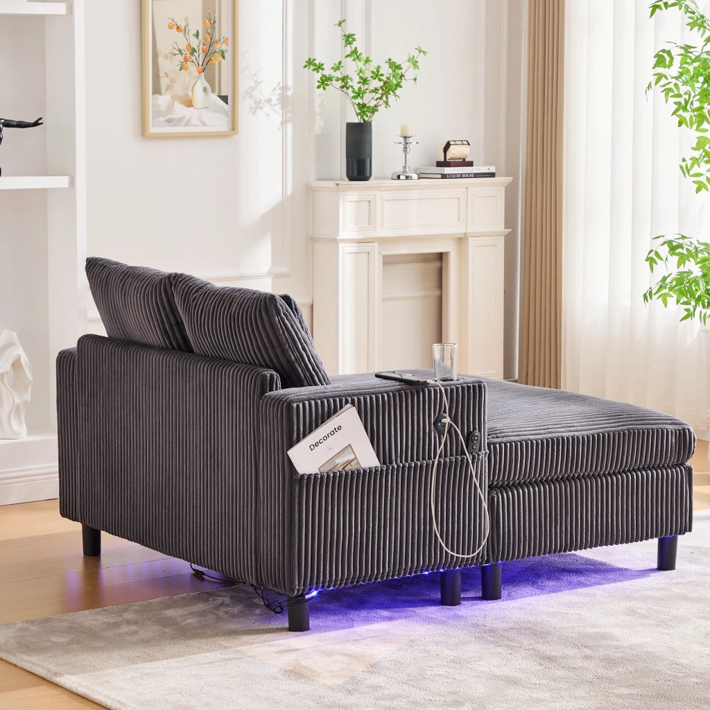 OKWISH Chaise Longue con Seduta Profonda, Illuminazione LED, Porte USB e Portabicchieri, Velluto a Coste Grigio Scuro