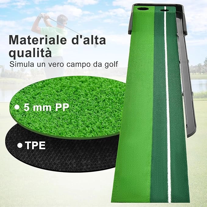 Tappetino da Golf per Interni ed Esterni, Tappetino per Putting Green con Ritorno Automatico della Palla e 1/2/3 Dimensioni di Buche per Allenarsi a Casa o in Ufficio