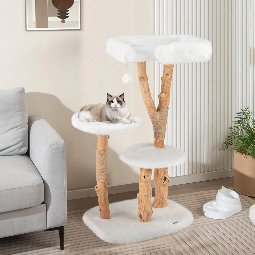 Tiragraffi per Gatti in Legno 110cm, Albero Tiragraffi con Pali in Corda di Juta Naturale e Palla Pendente, Torre Moderna per Gatti da Interno, Bianco e Naturale