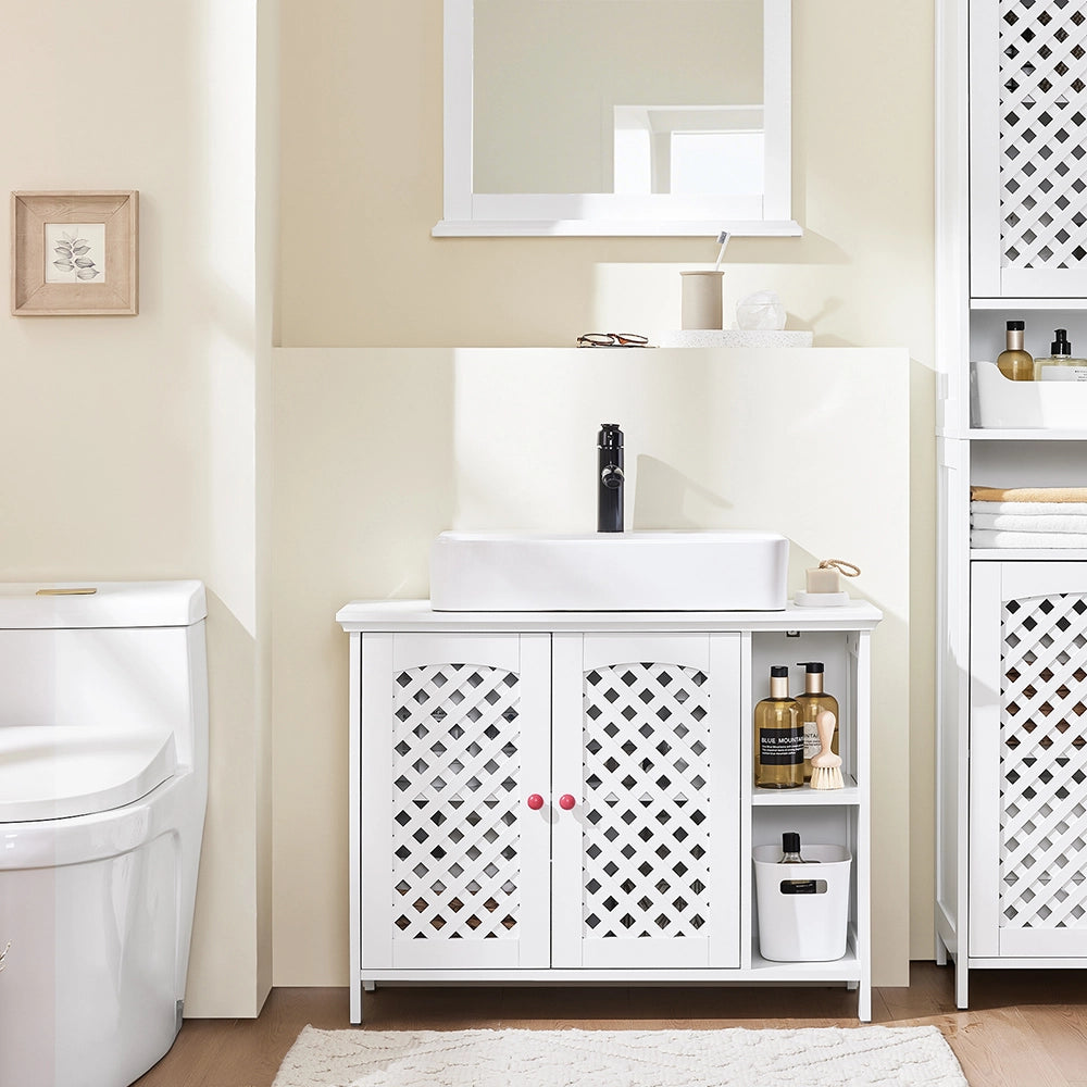 SoBuy Mobile Sottolavabo Bagno con 2 Ante e Ripiano Aperto – Mobiletto Bagno Sottolavabo in MDF E1, Ripiano Regolabile, Capacità 42kg – Mobili Salvaspazio 80x31,5x60,5cm BZR210-W