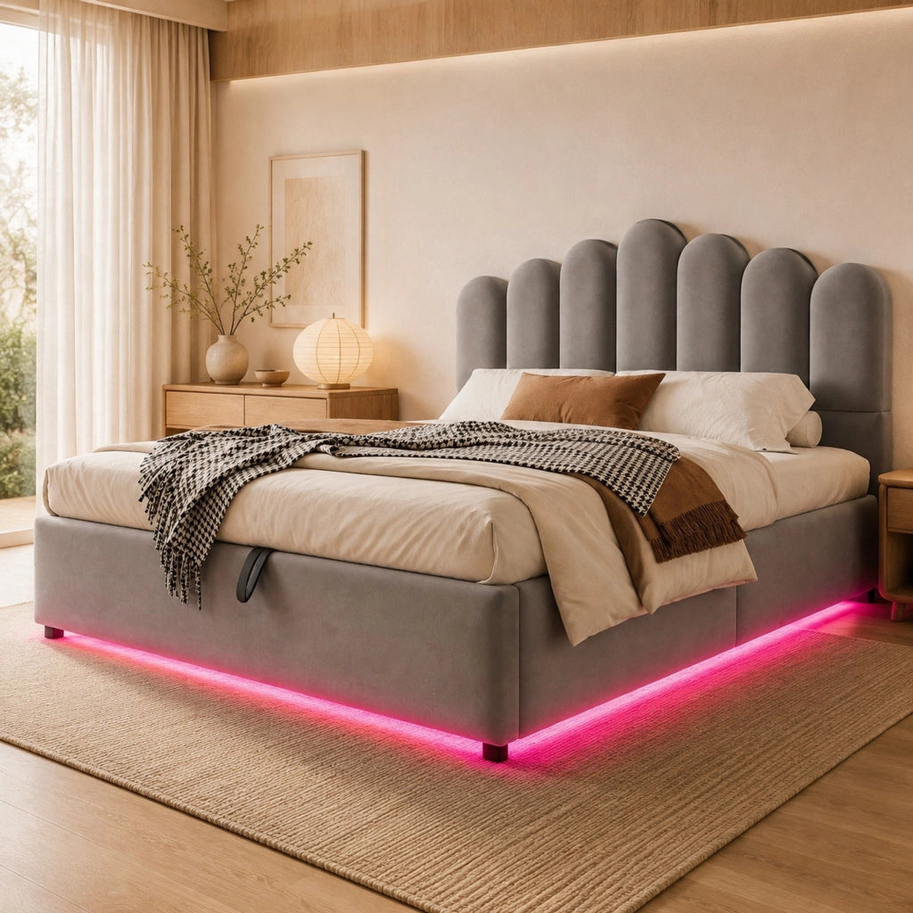 Letto matrimoniale 140x200 cm imbottito con contenitore idraulico; LED; velluto grigio