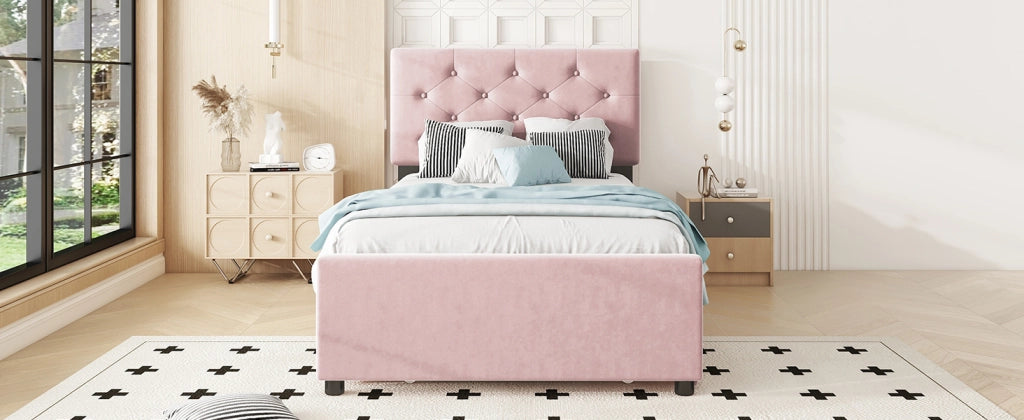 DESMIU Letto estraibile singolo con letto secondario, 90 × 200 cm e 90 × 190 cm, senza materasso, velluto rosa