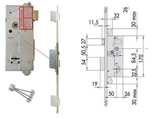 SERRATURA CENTRALE CON SCROCCO DOPPIA MAPPA PER MULTIPUNTO 57218.51- - mm.50 - gambo chiave mm.60 (57218510) - 1 pezzi CISA
