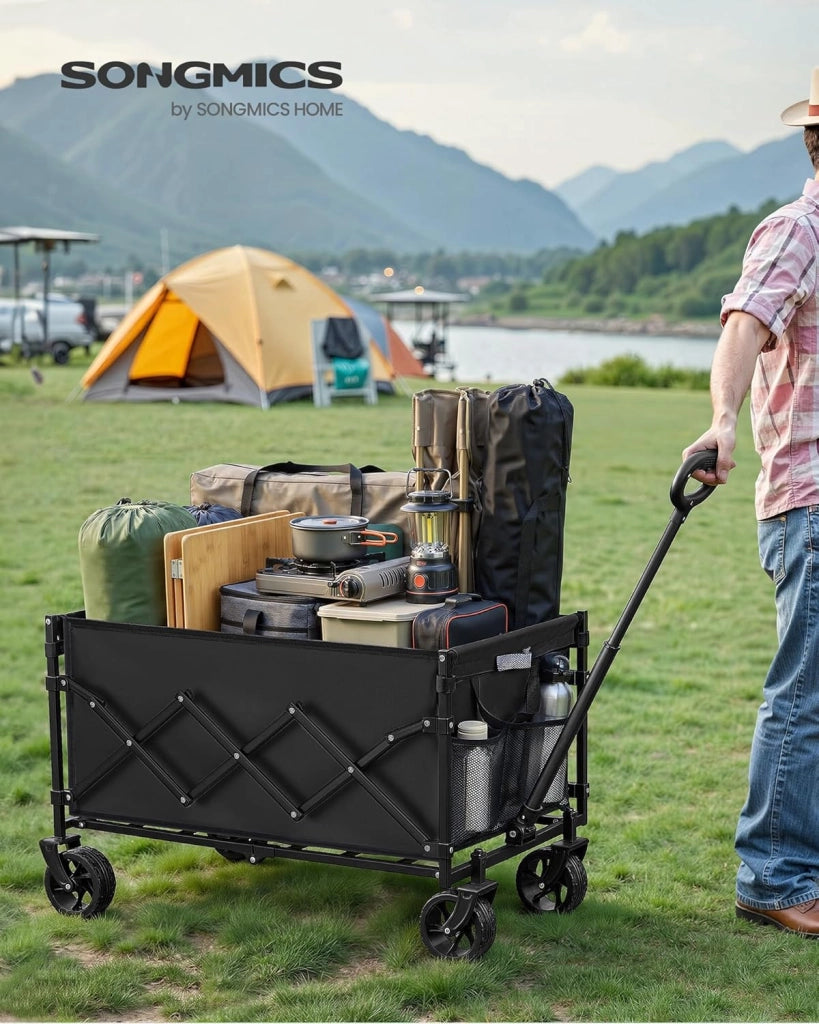 SONGMICS Carrello Pieghevole Piccolo, Carrello da Giardino, Compatto, con Manico, 4 Ruote Rinforzate di cui 2 Universali, per Esterni, Giardino, Portante di 120 kg, 150 L, Nero Inchiostro GFW150BH01