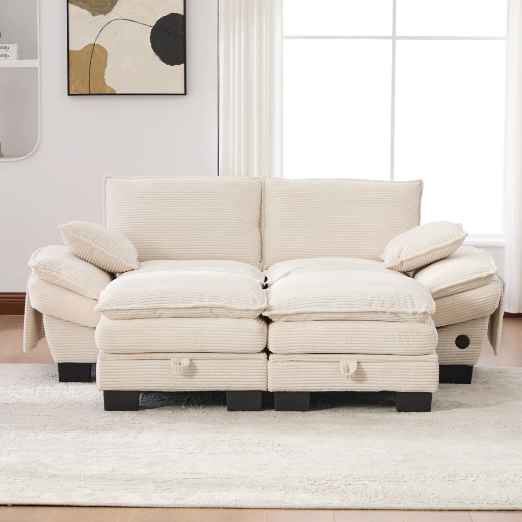 Divano modulare a 2 posti in corduroy con 2 pouf, seduta ampia ergonomica, USB-C e tasche laterali beige