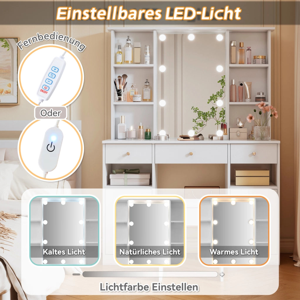 Toeletta bianca con specchio LED, 3 cassetti e 2 ante