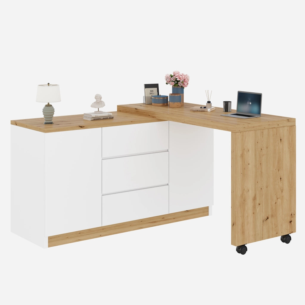 Scrivania pieghevole con 2 ante, 3 cassetti e ruote con freno, in truciolato bianco rovere, 120 × 50 × 76,5 cm
