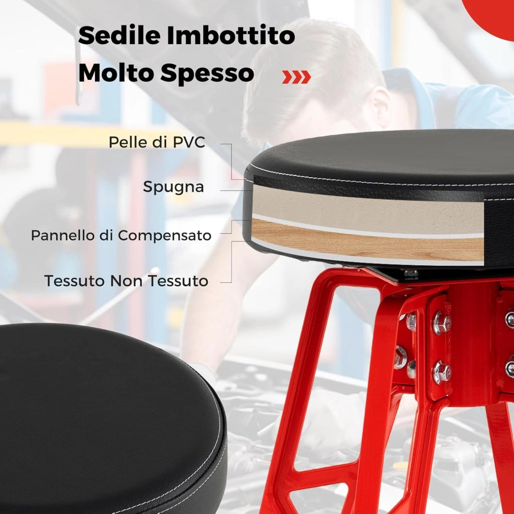 Sgabello da Officina, Sedia Meccanico in Metallo con Girevole a 360° e Seduta Imbottita, Capacità di 182 kg, Sgabello Alto da Lavoro con Poggiapiedi per Garage e Officina, Rosso + Nero
