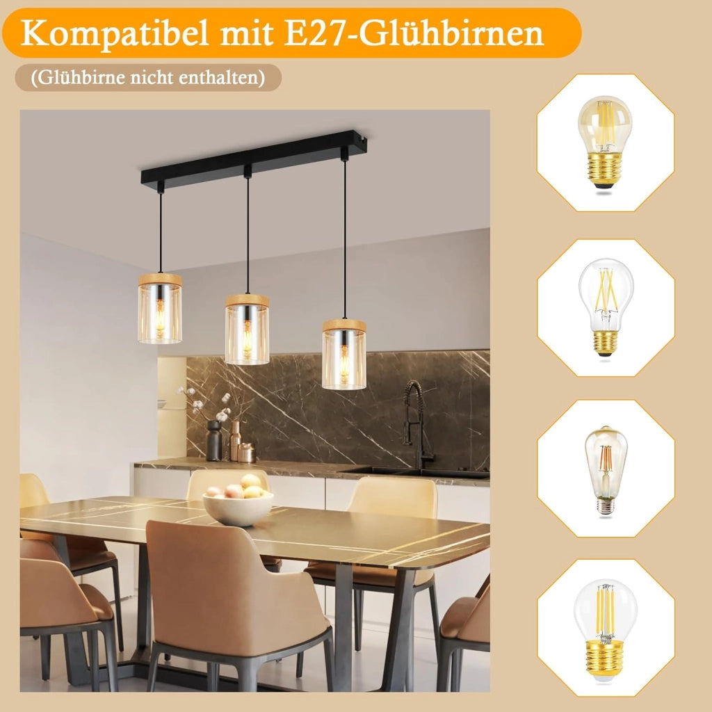 Lampada a Sospensione ZMH 3 luci trasparente E27 per sala da pranzo e camera da letto d¡®albergo