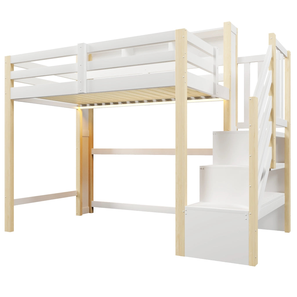 Letto a soppalco 90x200 cm con LED e scala contenitore; bianco e naturale