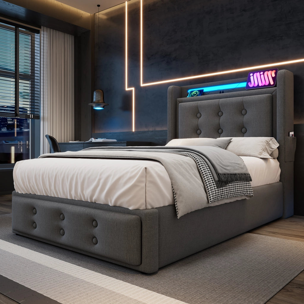 Letto Contenitore Letto Singolo 90 x 200 cm con LED; USB; Tipo C e Ripiano; senza Materasso; Grigio