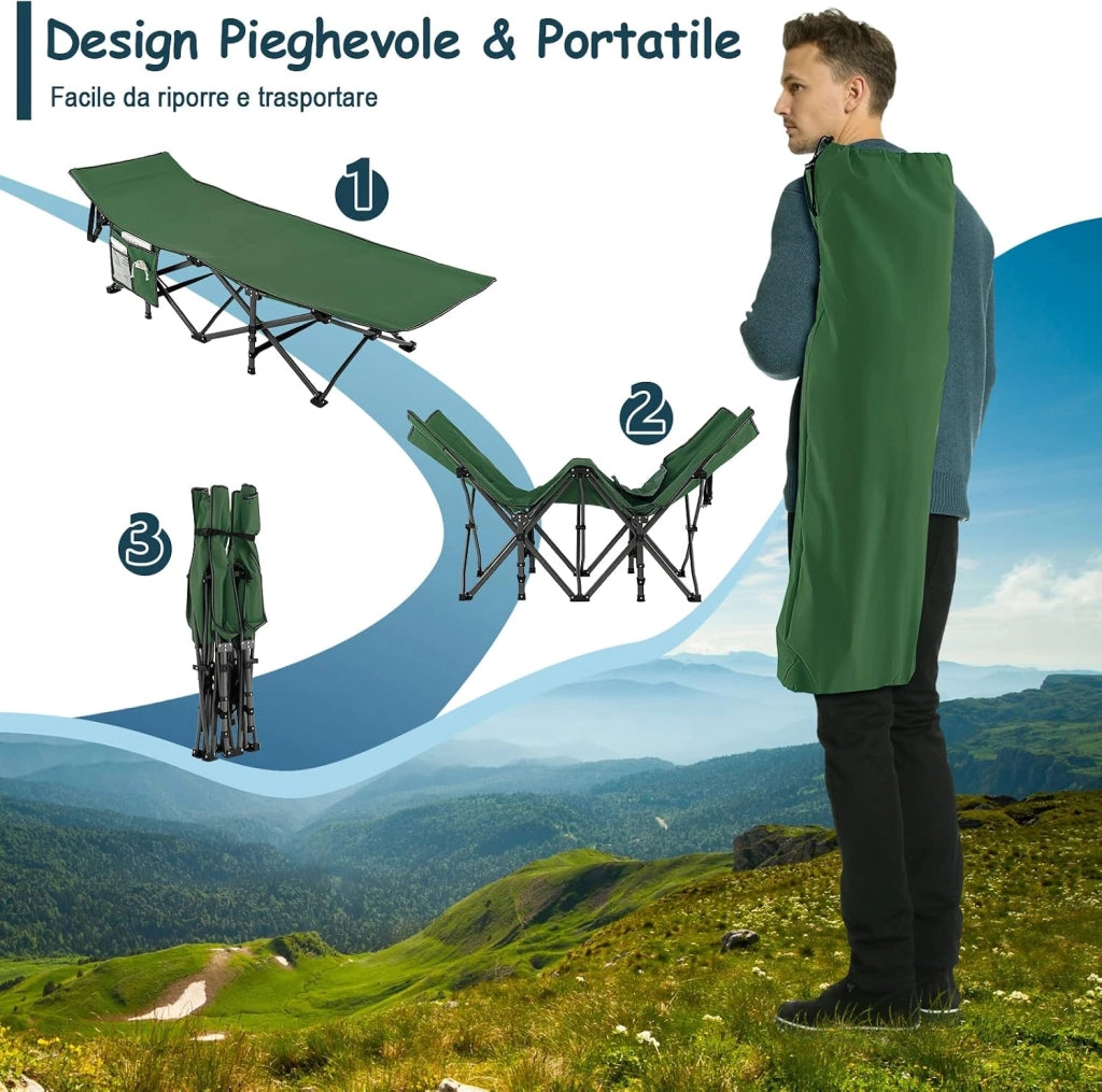Brandina da Campeggio Pieghevole, Letto Portatile con Poggiatesta Inclinato, Tasca Laterale e Borsa di Trasporto, Branda Campeggio per Backpacking, Ospiti e Pesca, Portata 272 kg