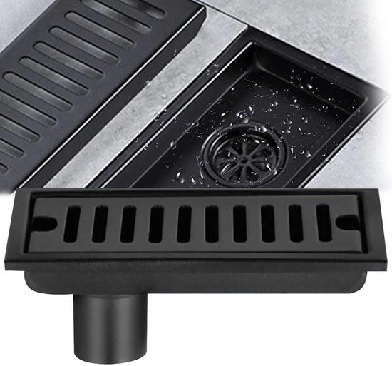 Pannello di scarico rettangolare, 20x10cm scarico in acciaio inox nero con filtro a doppia camera per bagno, doccia, cucina e balcone