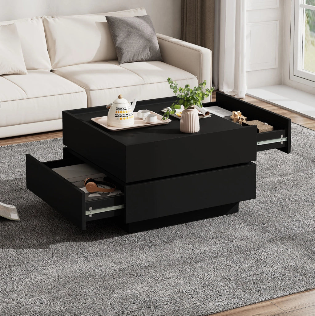 Tavolino da caffè girevole a 360° con 2 cassetti e 2 ripiani; 60x60x38 cm; nero; in truciolare