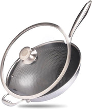 Wok in acciaio inossidabile 32 cm per tutti i fornelli, struttura a miele con trattamento antiscivolo, wok resistente alle abrasioni e al forno.