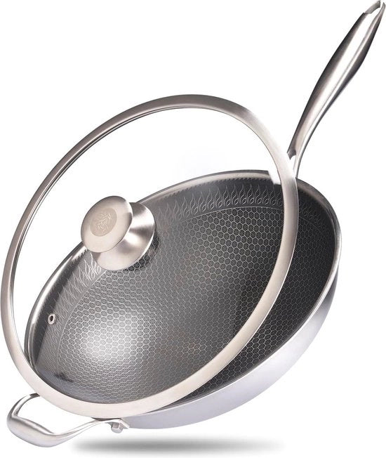 Wok in acciaio inossidabile 32 cm per tutti i fornelli, struttura a miele con trattamento antiscivolo, wok resistente alle abrasioni e al forno.