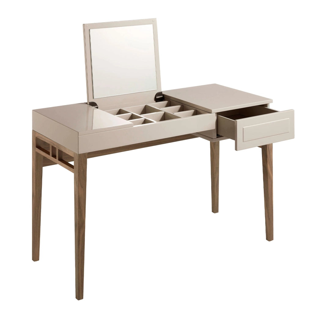 Comodino in legno grigio e noce con specchio