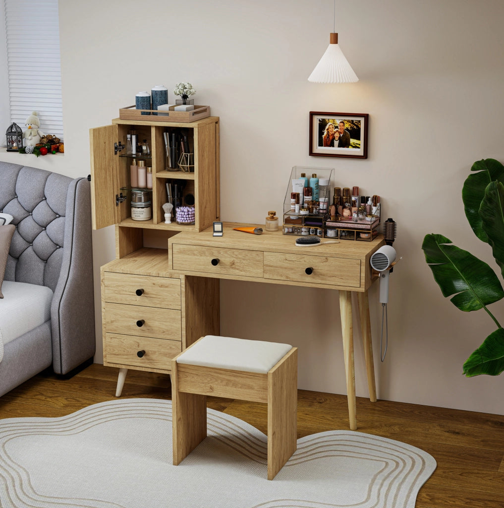 Tavolo da trucco moderno con specchio estraibile; piano allungabile 84 x 40 cm; legno ingegnerizzato naturale e beige