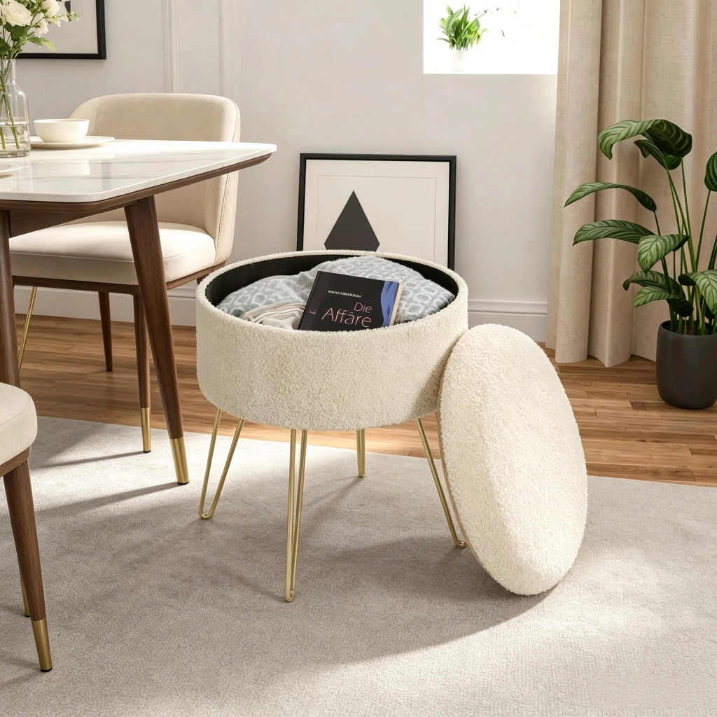 Pouf contenitore rotondo con vano portaoggetti e vassoio multifunzione in teddy fleece MDF e metallo beige 39 × 44 cm