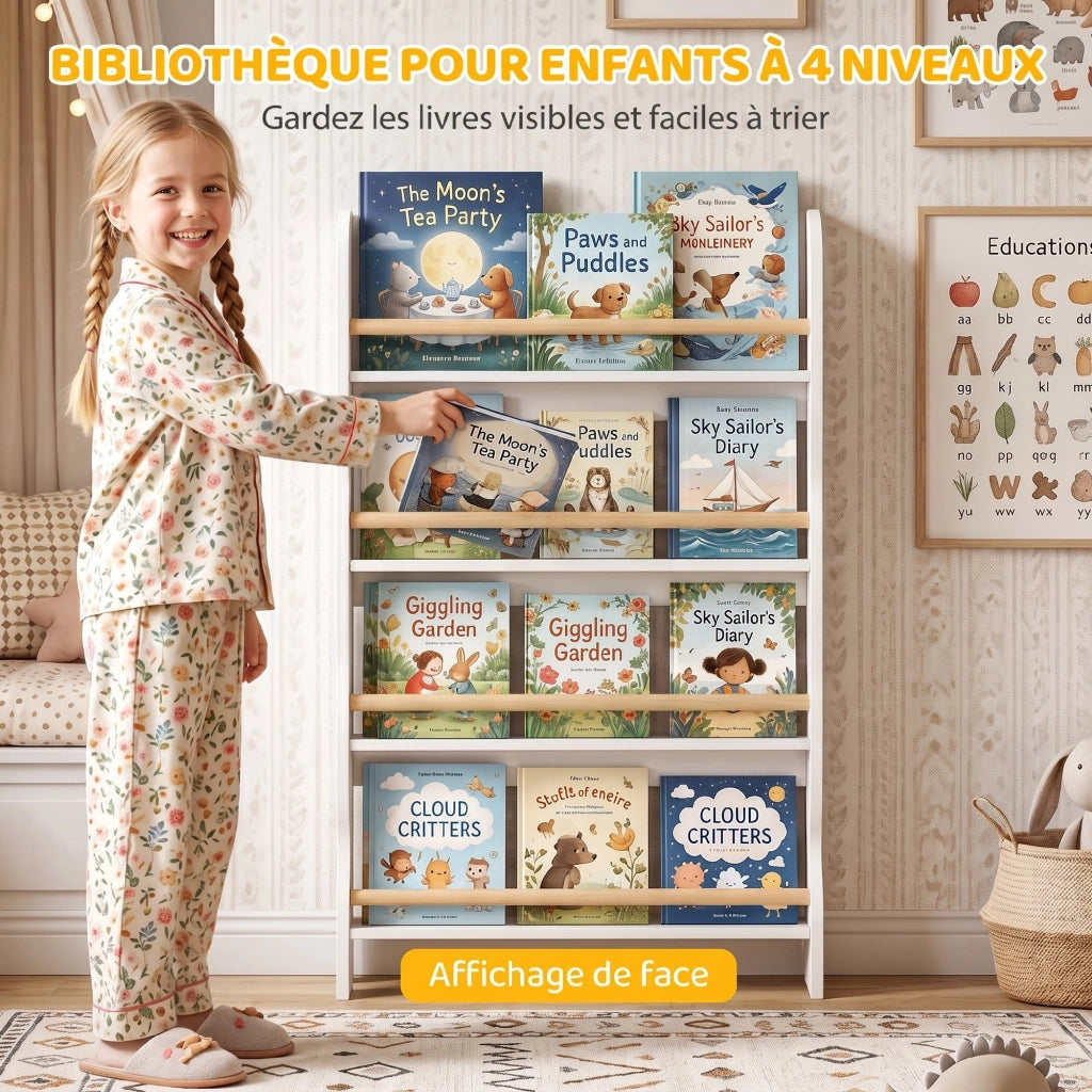 Bibliothèque murale pour enfant,Rangement Livre 4 Niveaux, Blanc