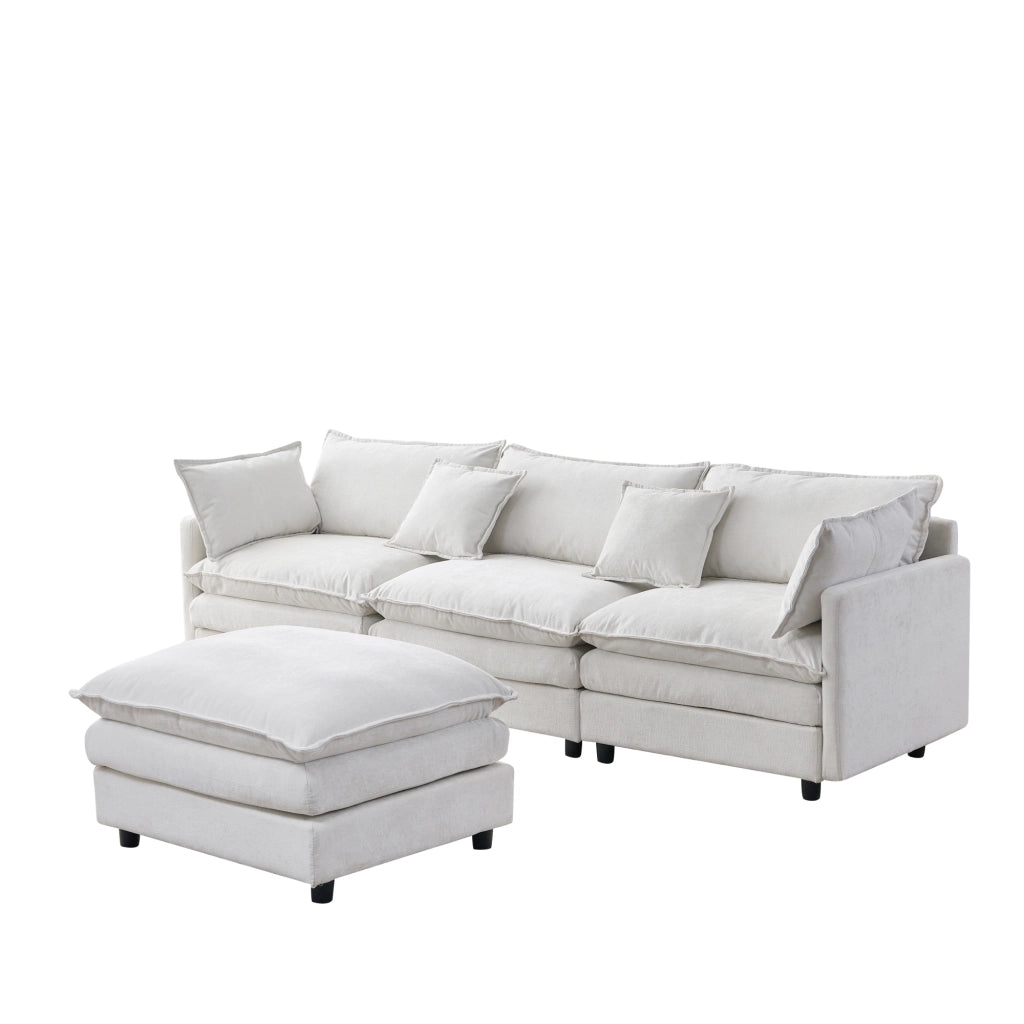 Divano angolare modulare 3 posti con pouf in ciniglia beige
