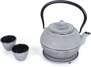Pentola da tè in acciaio inox con filtro rimovibile - 11 litri - compresa base e due tazze da tè - design vintage - per tè libero - grigio