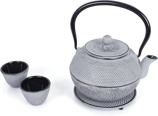 Pentola da tè in acciaio inox con filtro rimovibile - 11 litri - compresa base e due tazze da tè - design vintage - per tè libero - grigio