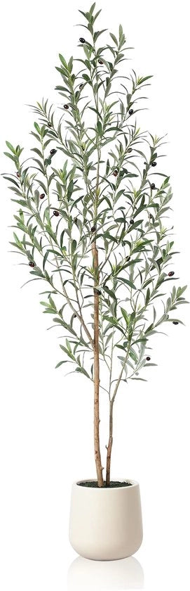 Albero di Olivo Artificiale da 180 cm in Vaso Bianco, Grande Finto Albero di Olivo con Stelo di Legno Naturale e Frutti per Decorazione Interna (1 pezzo)