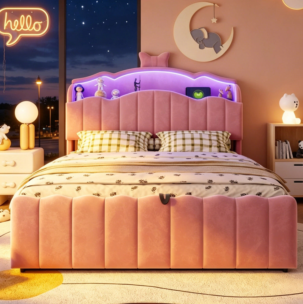 Letto per bambini 140x200 cm con contenitore idraulico; LED RGB; USB e USB-C; rosa