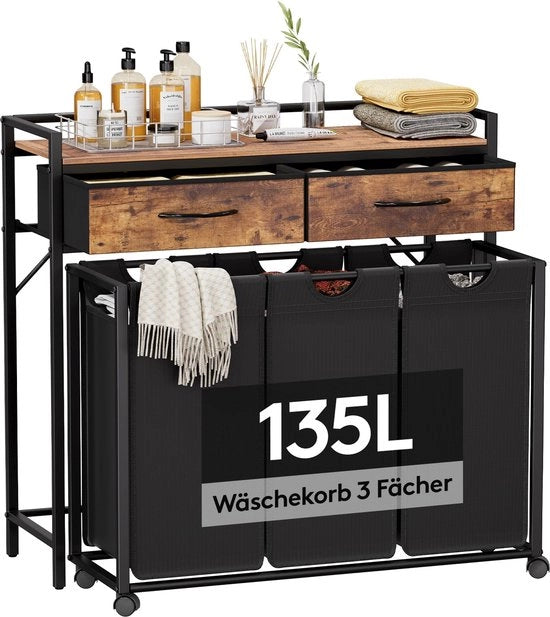 Wasmachine con 3 compartimenti, grande contenitore su ruote con piastra e 2 cassetti, organizzatore per la lavanderia con ruote e sacchetto rimovibile per la stanza da bagno, stile rustico marrone e nero